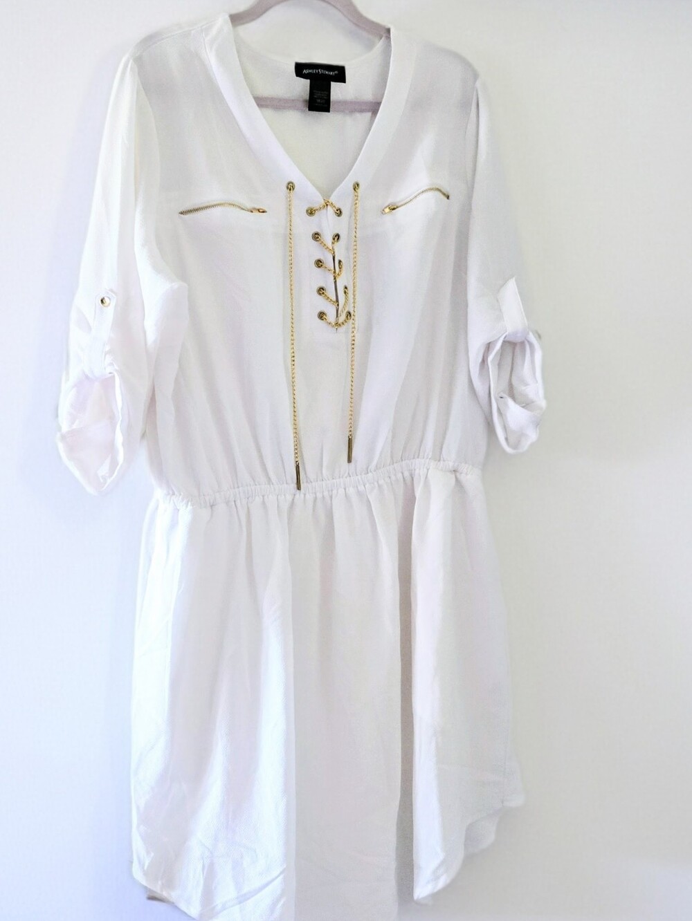Ashley Stewart White Gold Chain Lace Up Dress Roll Tab Cuff Zip Pockets 18/20